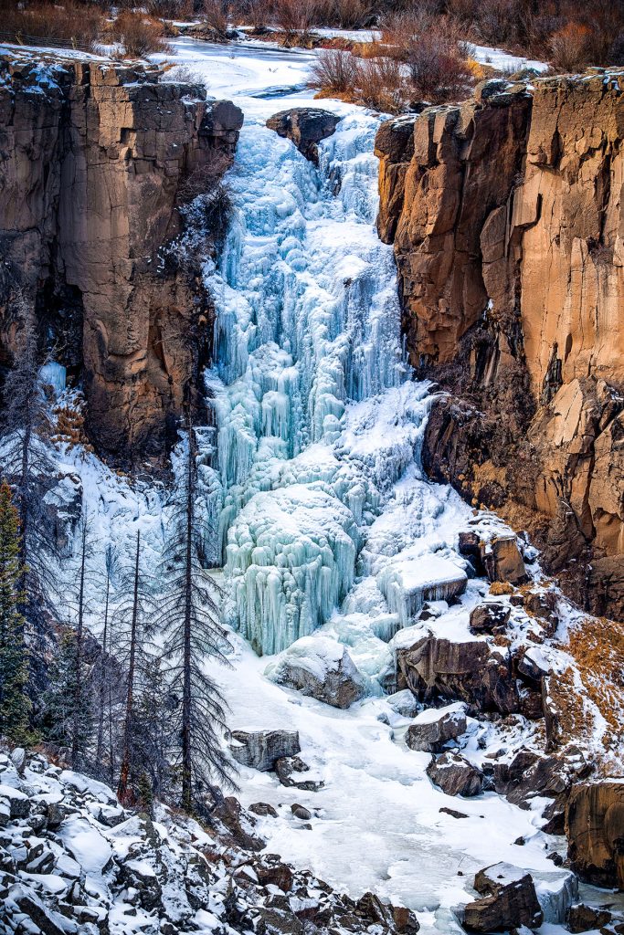 North Clear Creek Falls frozen in winter near Lake City, Colorado
