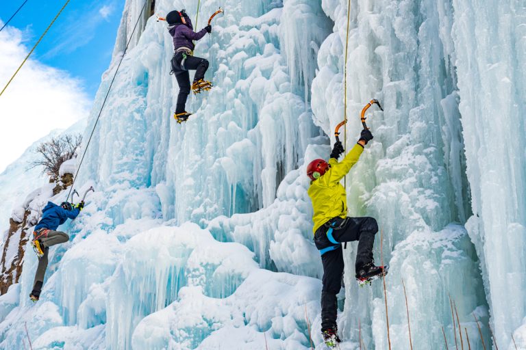 Ice Climbers make their way up a route in Pumphouse Park at the Lake City